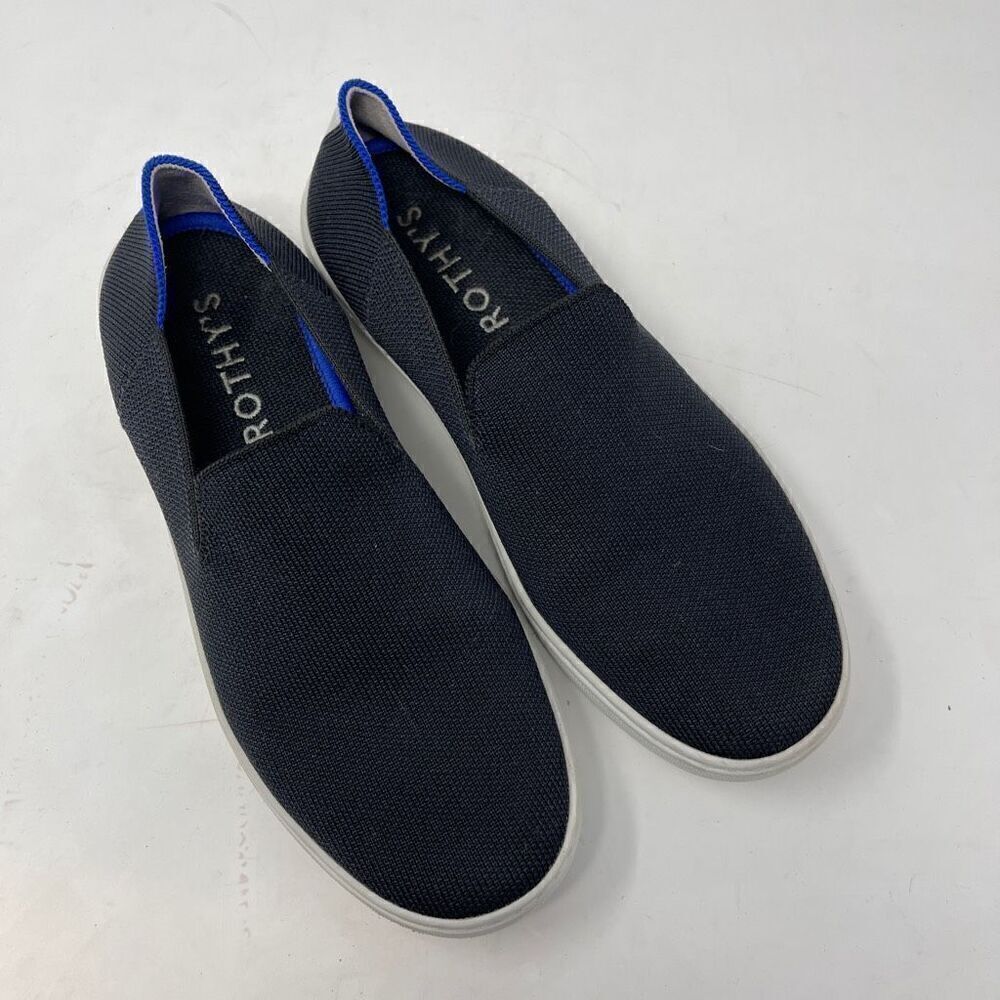 Rothy’s Black With Blue White Stripe Slip On Classic Sneaker Shoes Size 7.5